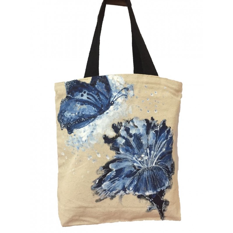 Canvas painted ladies tote bag Blue & White abstract flower