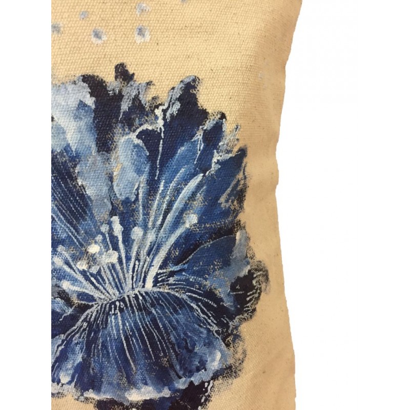 Canvas painted ladies tote bag Blue & White abstract flower