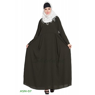 Flared abaya with embroidery work-  Dark Green