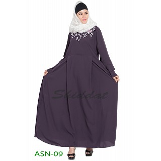 Flared abaya with embroidery work- Purple