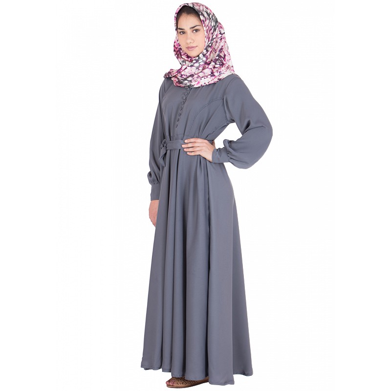Abaya online- Full flared abaya in grey color made of nidha fabric