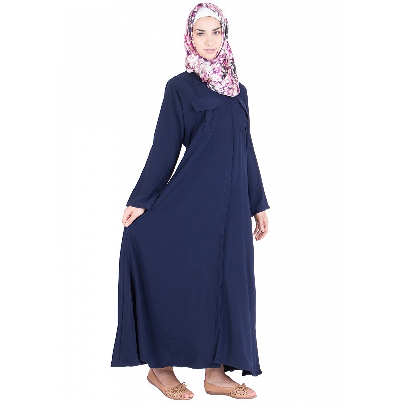 Abaya online- Buy shirt dress abaya | Navy blue color | Polycrepe fabric