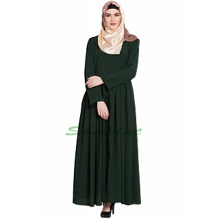 Front open pleated abaya- Dark Green