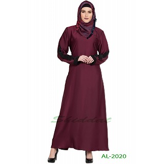 A-line abaya with patchwork- Wine color