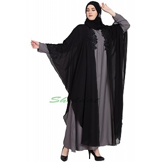 Kaftan abaya with patchwork- Black-Grey