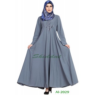 Embroidered Umbrella abaya- Light Grey