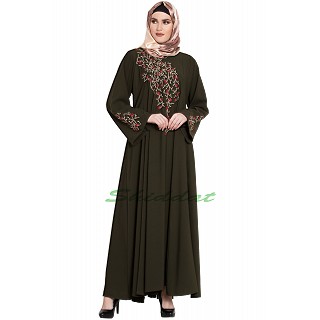 Embroidered Umbrella abaya- Mehendi Green