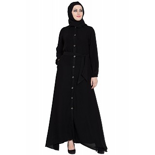 Collared front open abaya- Black