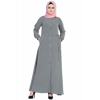 Collared front open abaya- Grey