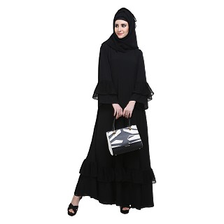 Flare abaya with frills- Black