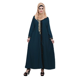 Front open Zari work abaya- Teal Green