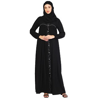 Front open pintuck abaya with pipping work-Black