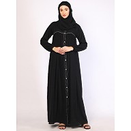Front open pintuck abaya with pipping work-Black