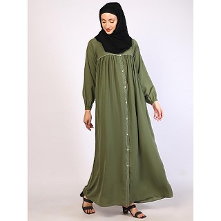 Front open pintuck abaya with pipping work-Jade Green