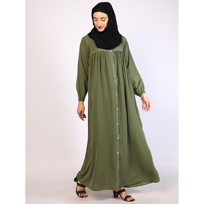 Front open pintuck abaya with pipping work-Jade Green
