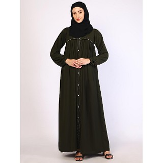 Front open pintuck abaya with pipping work-Olive