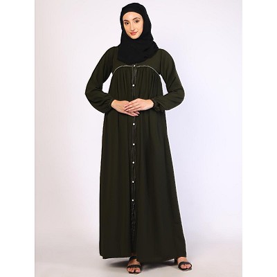 Front open pintuck abaya with pipping work-Olive