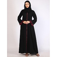 Front open Zipper abaya with purple contrast piping-Black