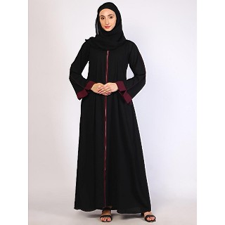 Front open Zipper abaya with purple contrast piping-Black