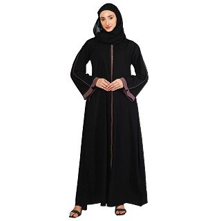 Front open Zipper abaya with rose ebony contrast piping-Black