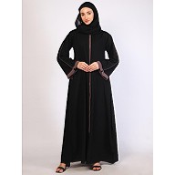 Front open Zipper abaya with rose ebony contrast piping-Black