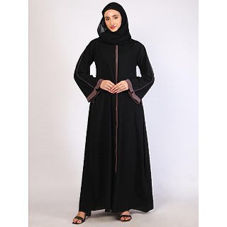 Front open Zipper abaya with rose ebony contrast piping-Black