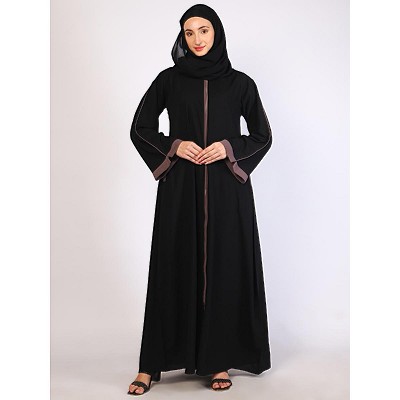 Front open Zipper abaya with rose ebony contrast piping-Black