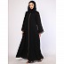 Front open Zipper abaya with rose ebony contrast piping-Black