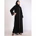 Front open Zipper abaya with rose ebony contrast piping-Black