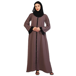Front open Zipper abaya with black contrast piping-Rose Ebony