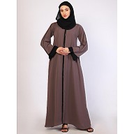 Front open Zipper abaya with black contrast piping-Rose Ebony