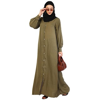 Zoom fabric front open abaya-Olive Ochre