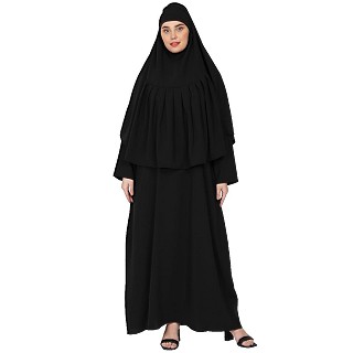 A-line abaya with a matching Instant Hijab- Black