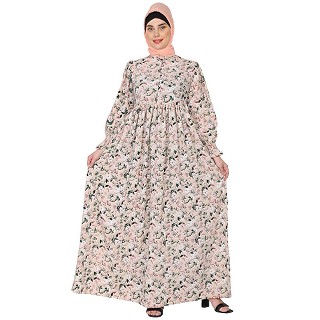 Floral printed dress with Pintucks at waist- Flesh tint