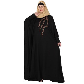 Embroidery Kaftan with pleated sleeves- Black