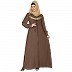 Zipper Front open pleated abaya with lace work- Beige