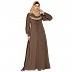 Zipper Front open pleated abaya with lace work- Beige