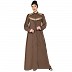 Zipper Front open pleated abaya with lace work- Beige