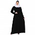 Zipper Front open pleated abaya with lace work- Black