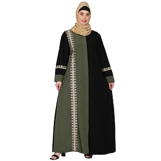 Front open dual color abaya with embroidery Patch work - Black-Jade Green