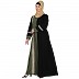 Front open dual color abaya with embroidery Patch work - Black-Jade Green