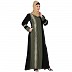 Front open dual color abaya with embroidery Patch work - Black-Jade Green