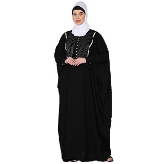 Irani Kaftan with lace work on front - Black