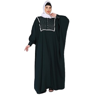 Irani Kaftan with lace work on front - Bottle Green