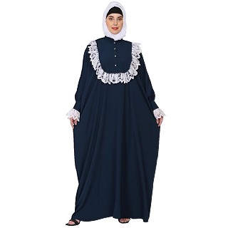 Fashionable Kaftan abaya with white lace - Teal