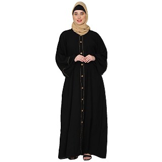 Loose Fit abaya with fashionable buttons on front panel - Black