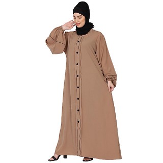 Loose Fit abaya with fashionable buttons on front panel - Khaki