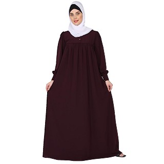 Casual cuff sleeves pleated abaya- Burgundy