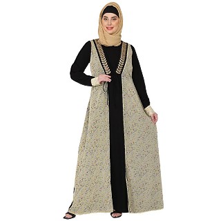 Attached Shrug abaya with embroidery patch work - Lemon printed