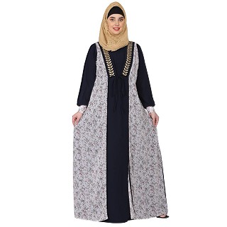 Attached Shrug abaya with embroidery patch work - off-white printed